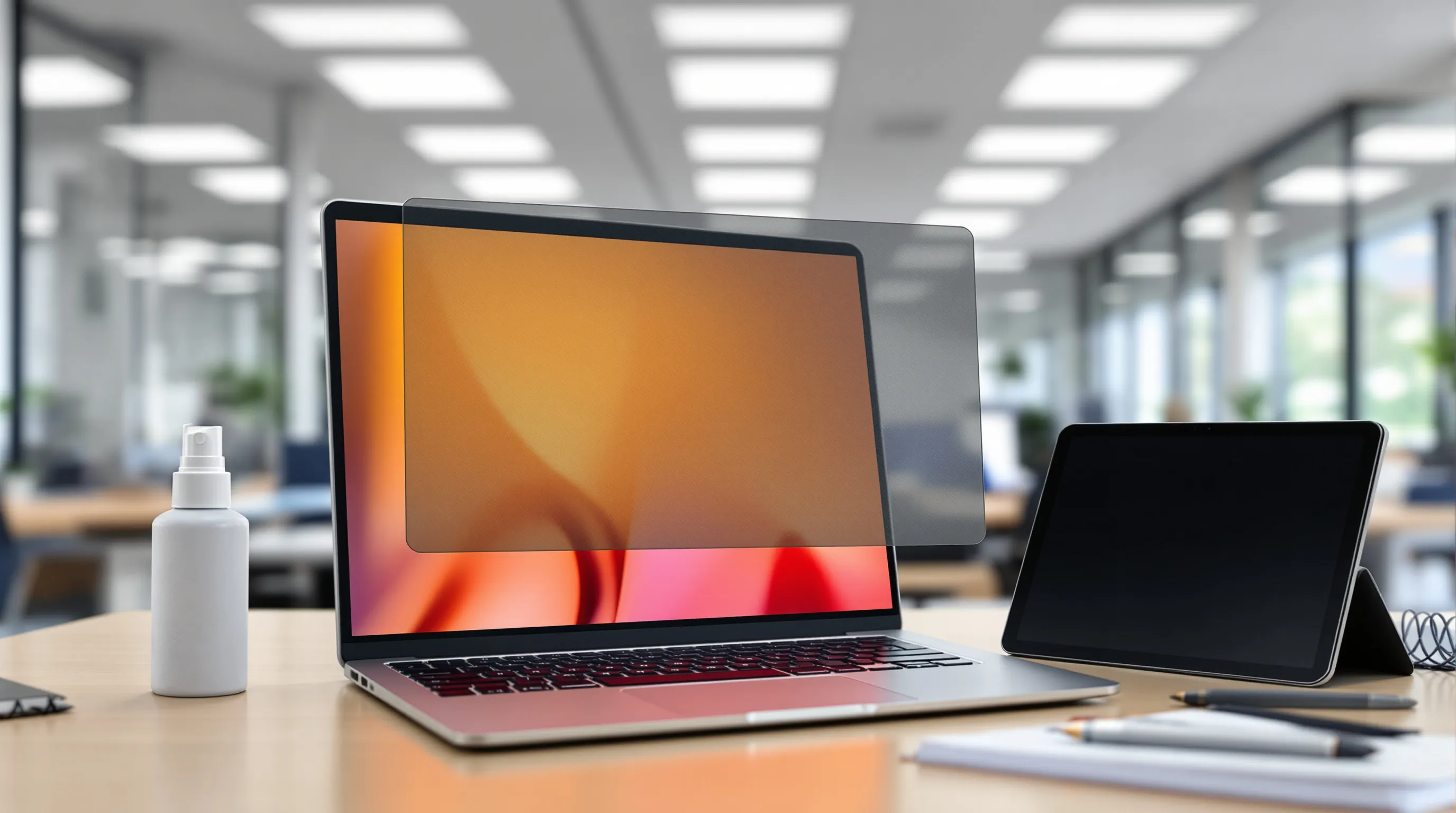 Laptop with blue light filter showing warm tint and reduced office glare.