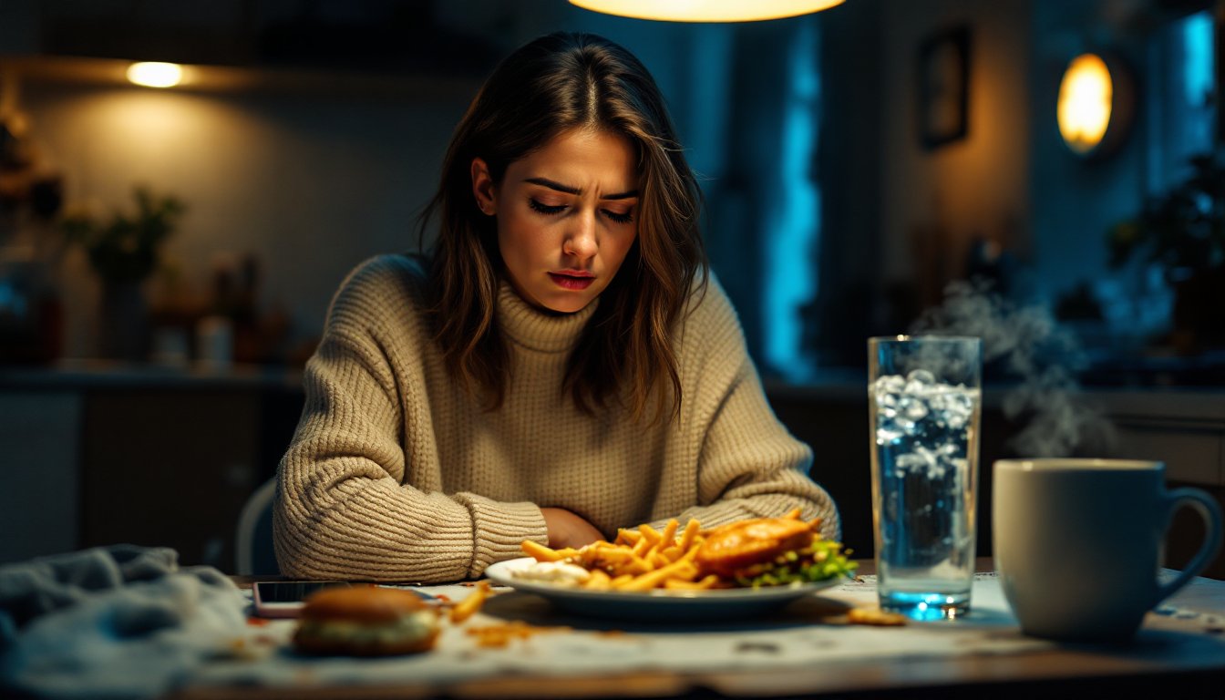 A woman holding her stomach uncomfortably at a late-night dinner table with heavy food.