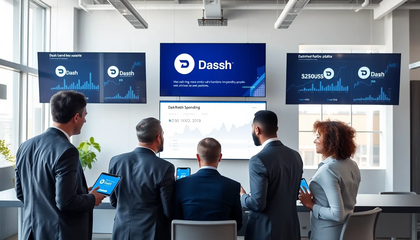 diverse professionals discussing Dash cryptocurrency in a modern office.