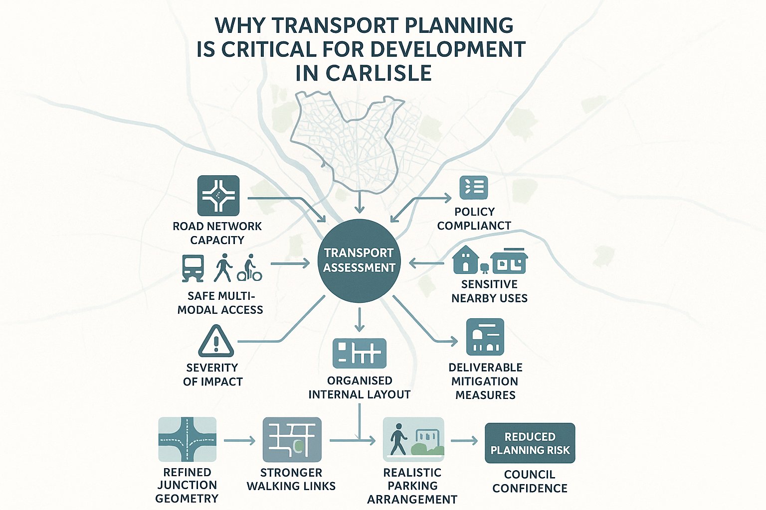 Infographic showing why transport planning guides development decisions in Carlisle.