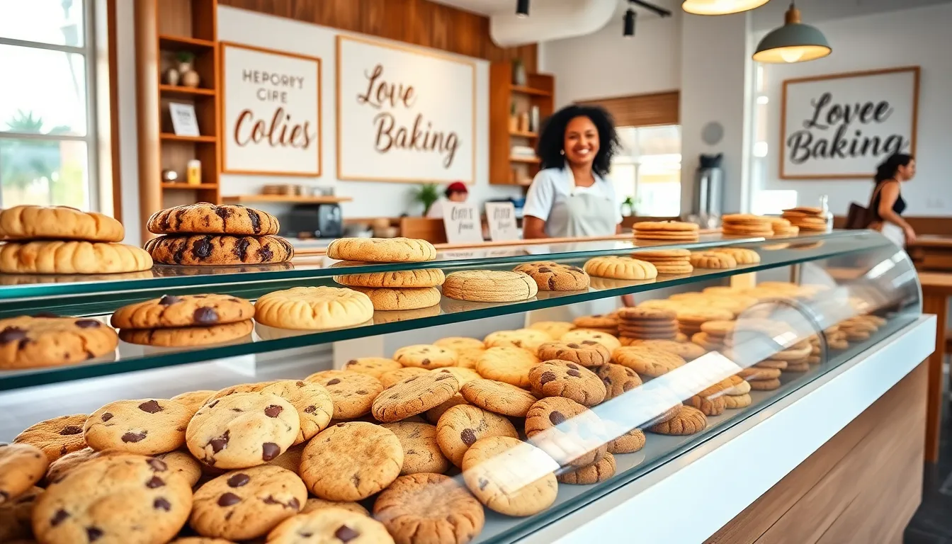 A bakery display with various cookies and a smiling baker.