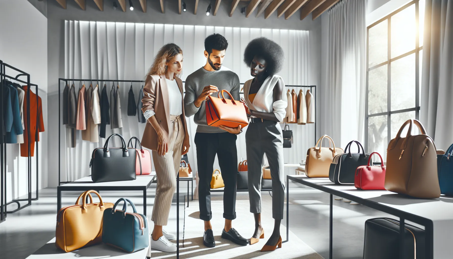 diverse group examining stylish csavchels in a modern boutique.