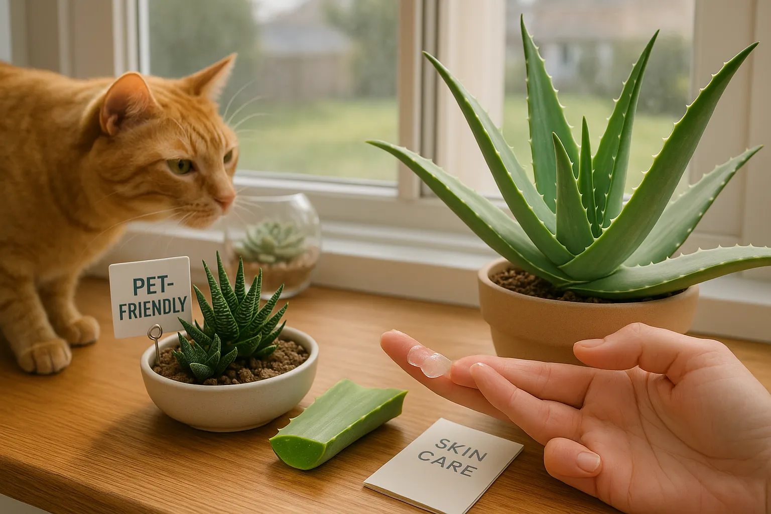 Aloe gel being scooped while Haworthia sits nearby as a cat sniffs.
