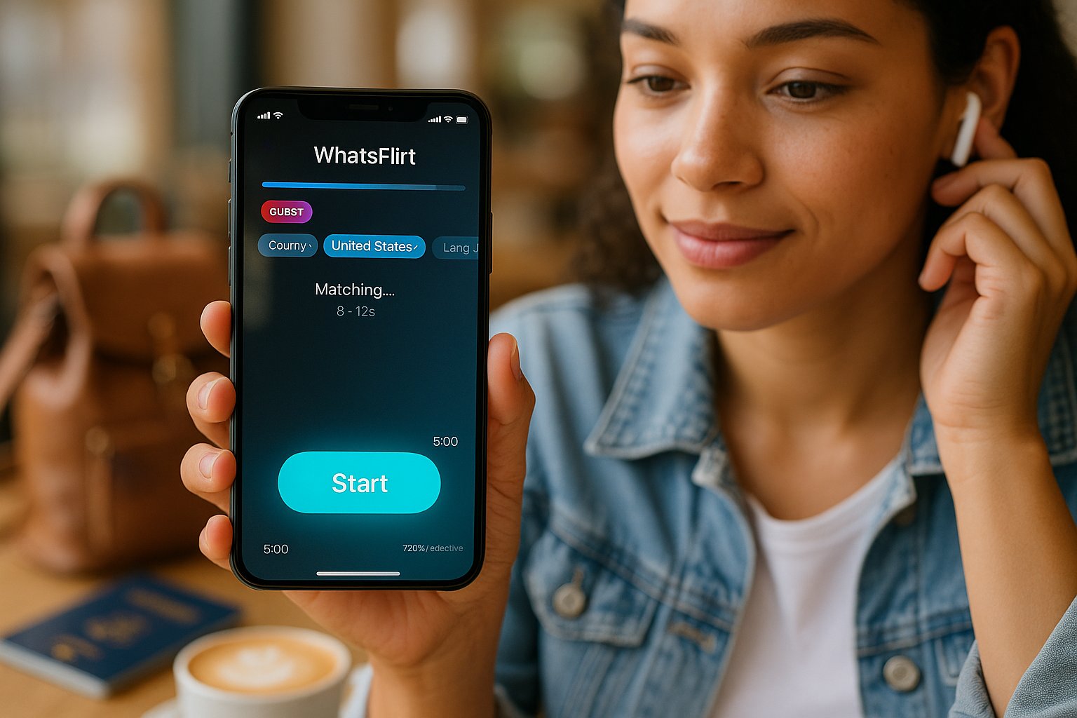 Person holding phone showing WhatsFlirt app with Start button and guest badge.