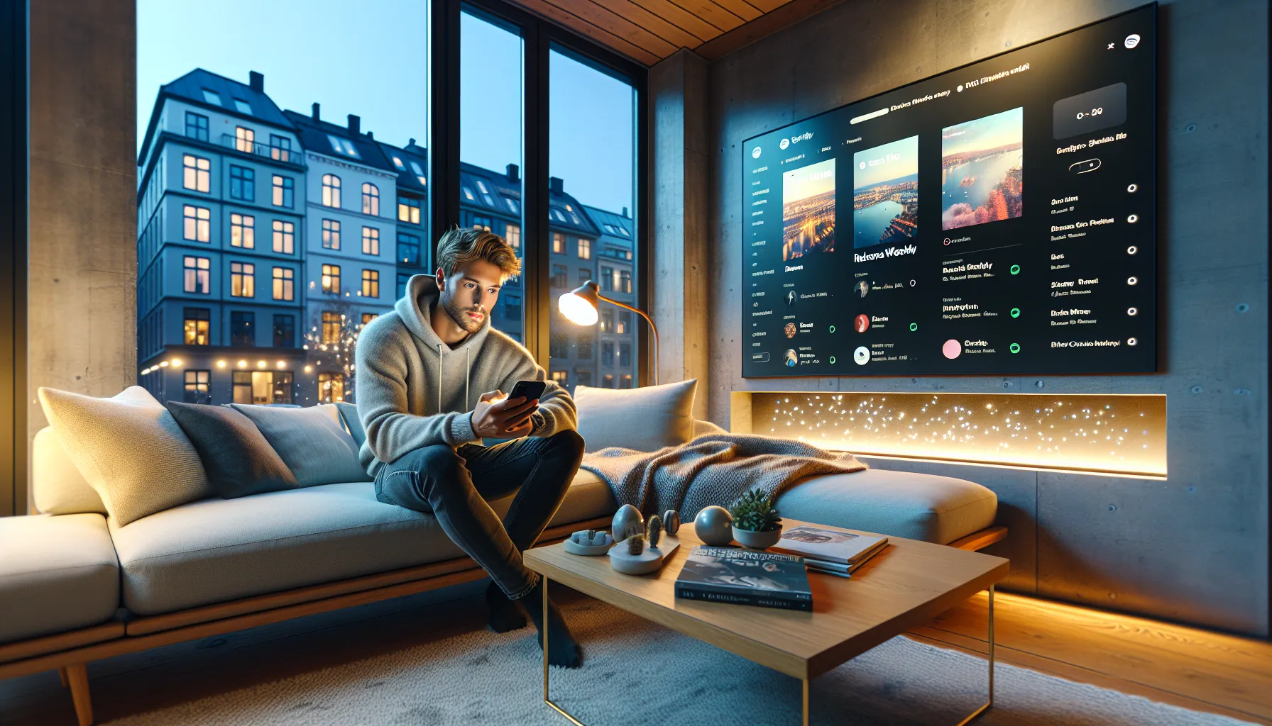 Young norwegians using spotify on phone and laptop in a cozy apartment.