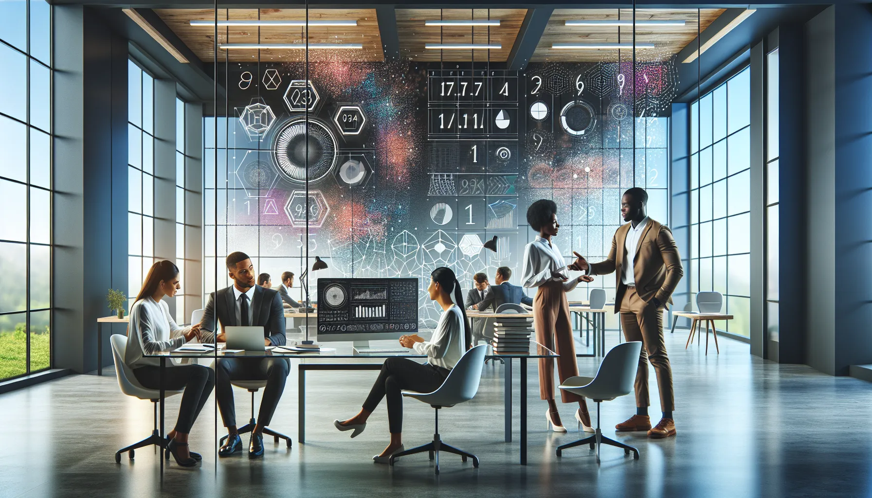 Diverse team analyzing numbers in a modern office setting.