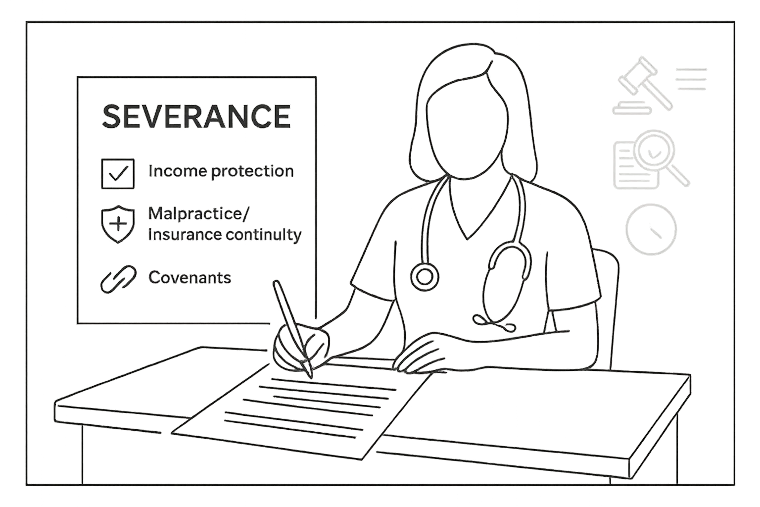 Nurse practitioner reviewing a severance contract with income, insurance, covenant icons.