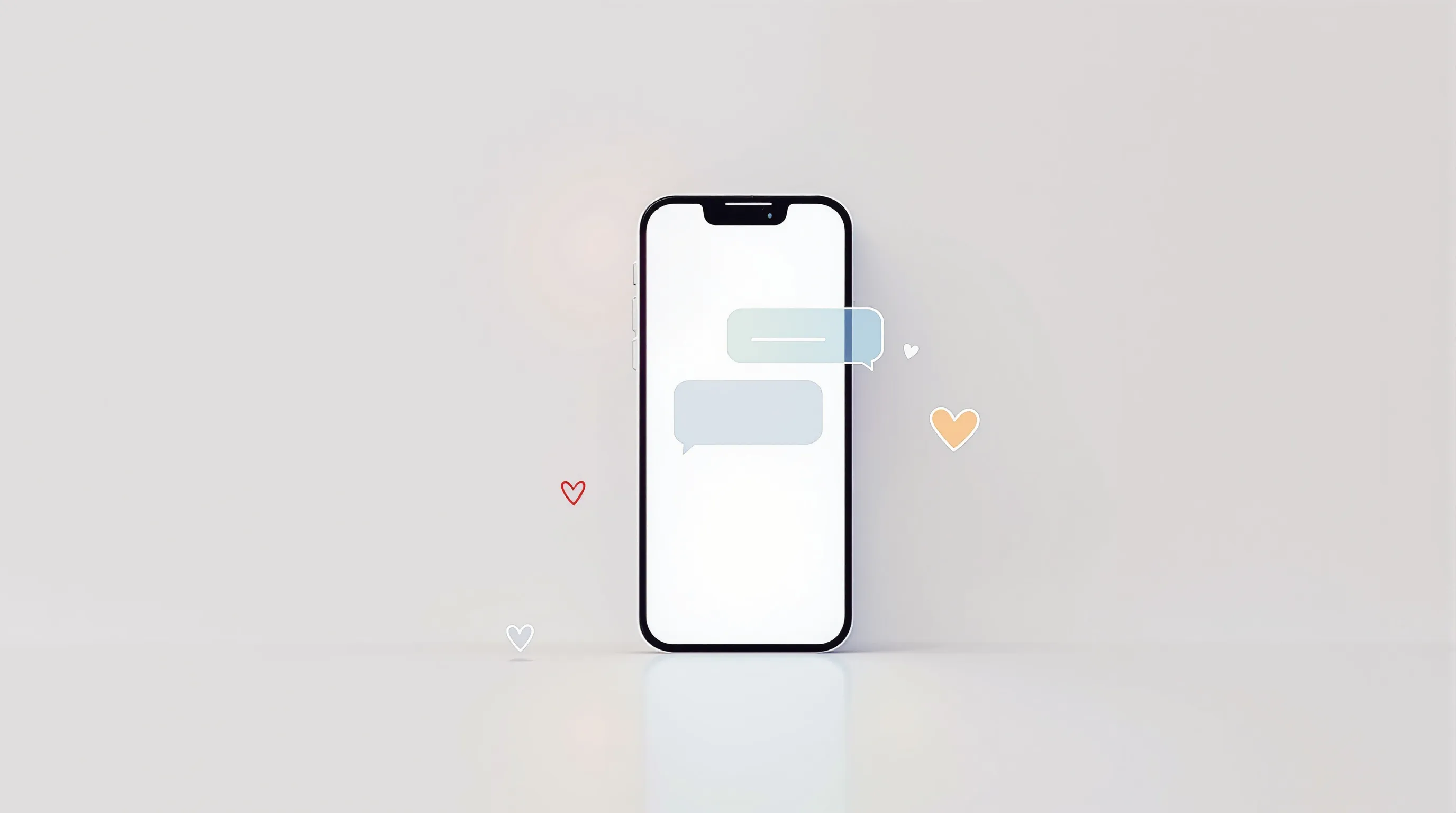 Mobile phone with simple message bubbles and heart icon on minimal background.