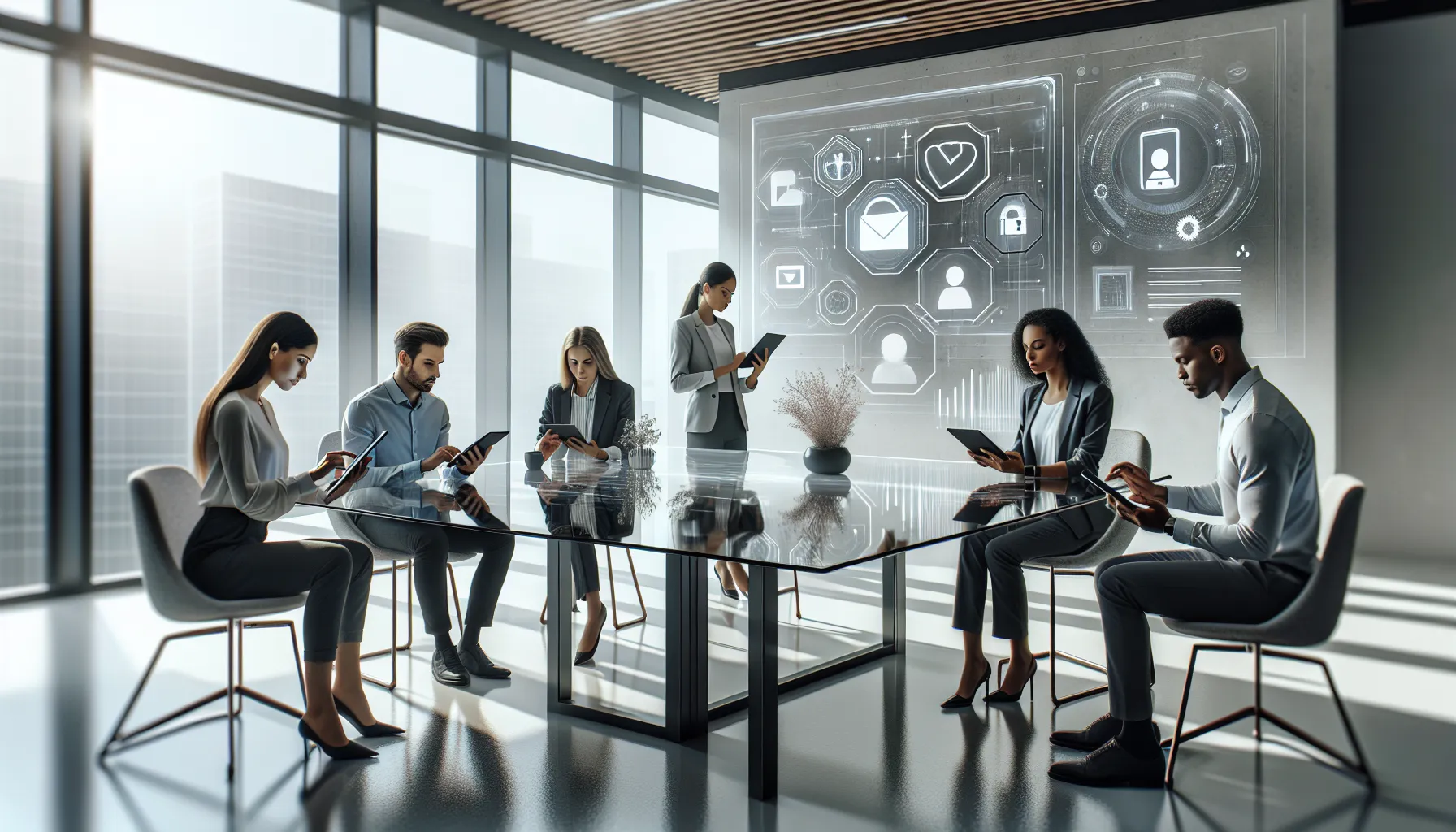 diverse professionals using Apple devices in a modern workspace.