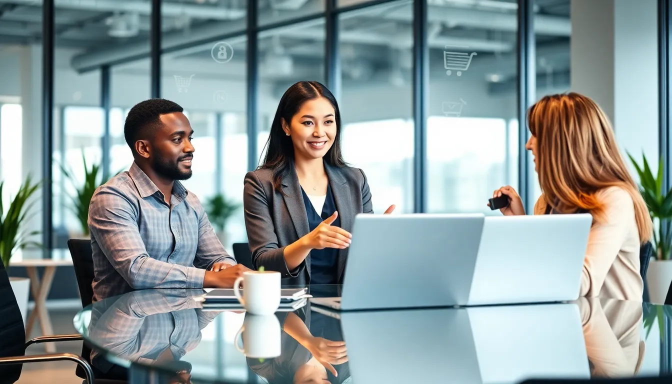 diverse team collaborating in a modern office on online business strategies.