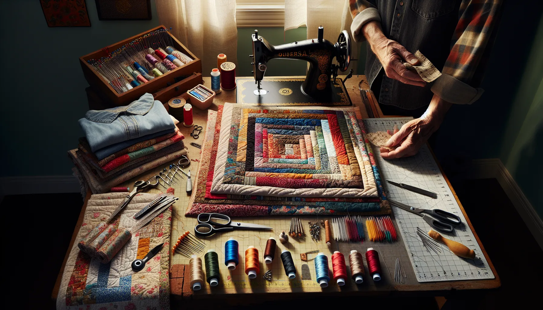 A table with tools and materials for quilting and sewing depicted side by side.