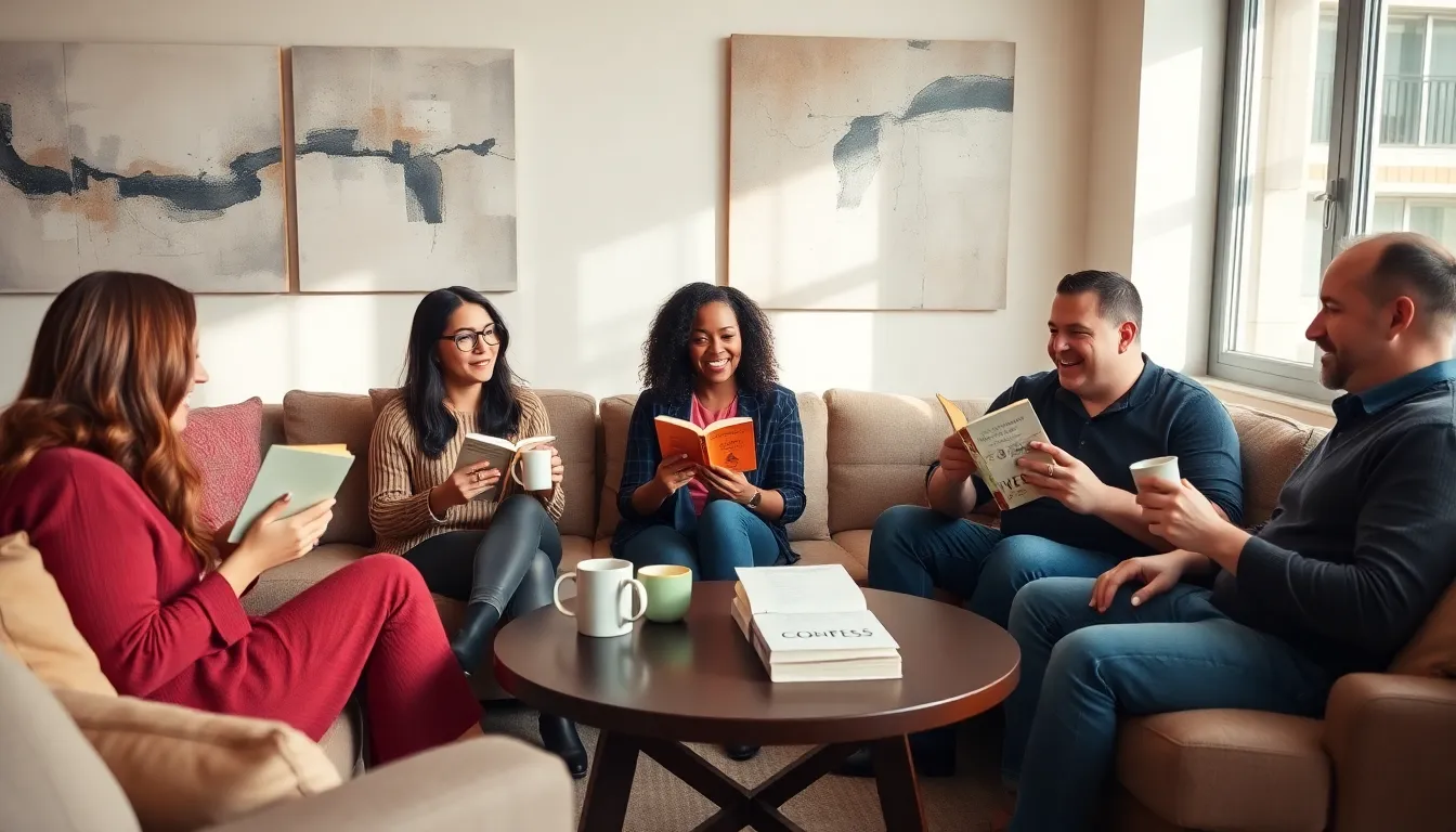 diverse book club discussing Colleen Hoover's 'Confess' in a cozy setting.