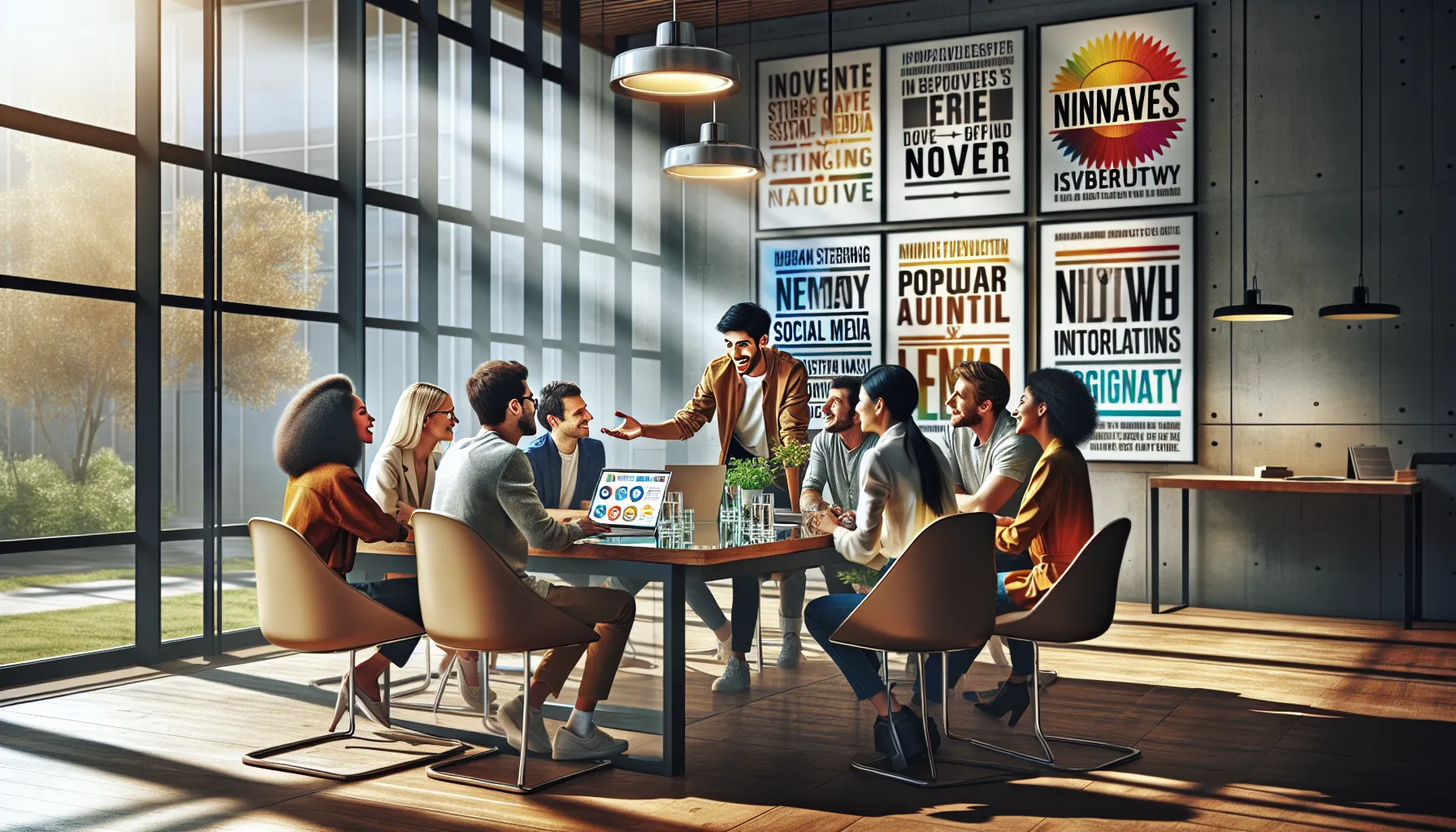 diverse team discussing social media trends in a modern workspace.