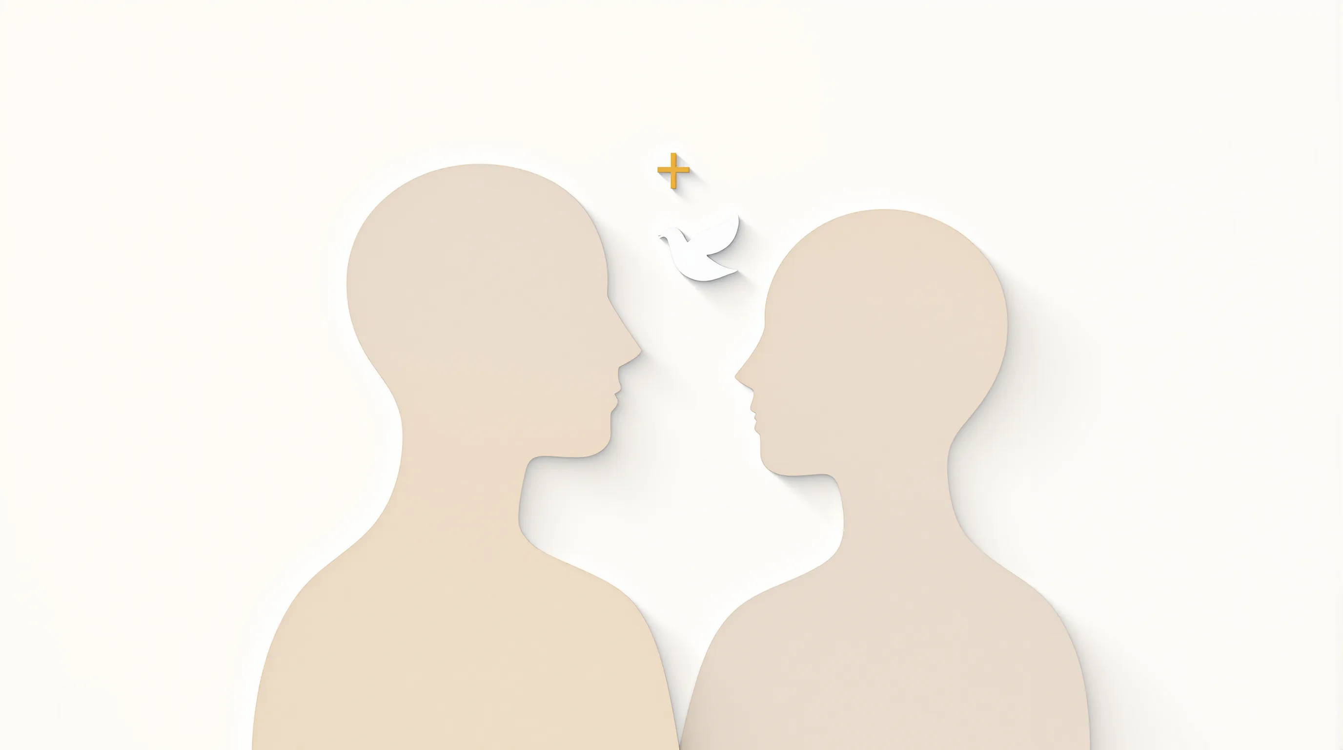 Two abstract figures with dove symbol representing godparent and confirmand connection.