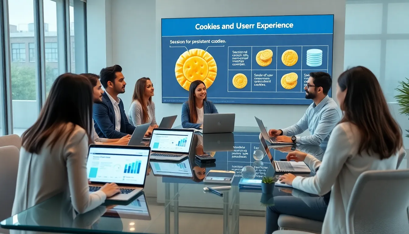 diverse professionals discussing website cookies in a modern office.