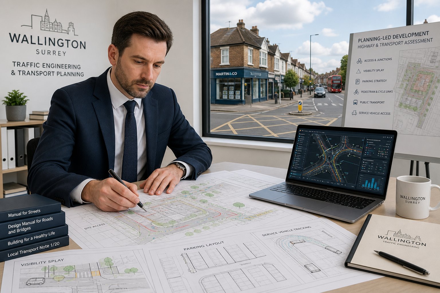 Traffic engineer reviewing road plans and transport data in a modern office.