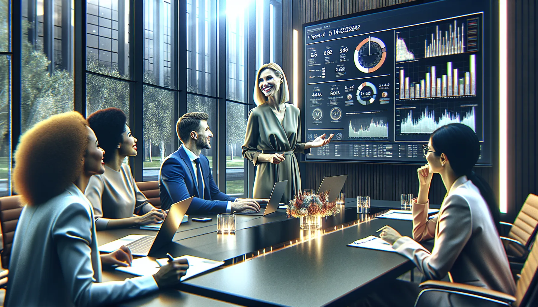 diverse team discussing data trends in a modern office setting.