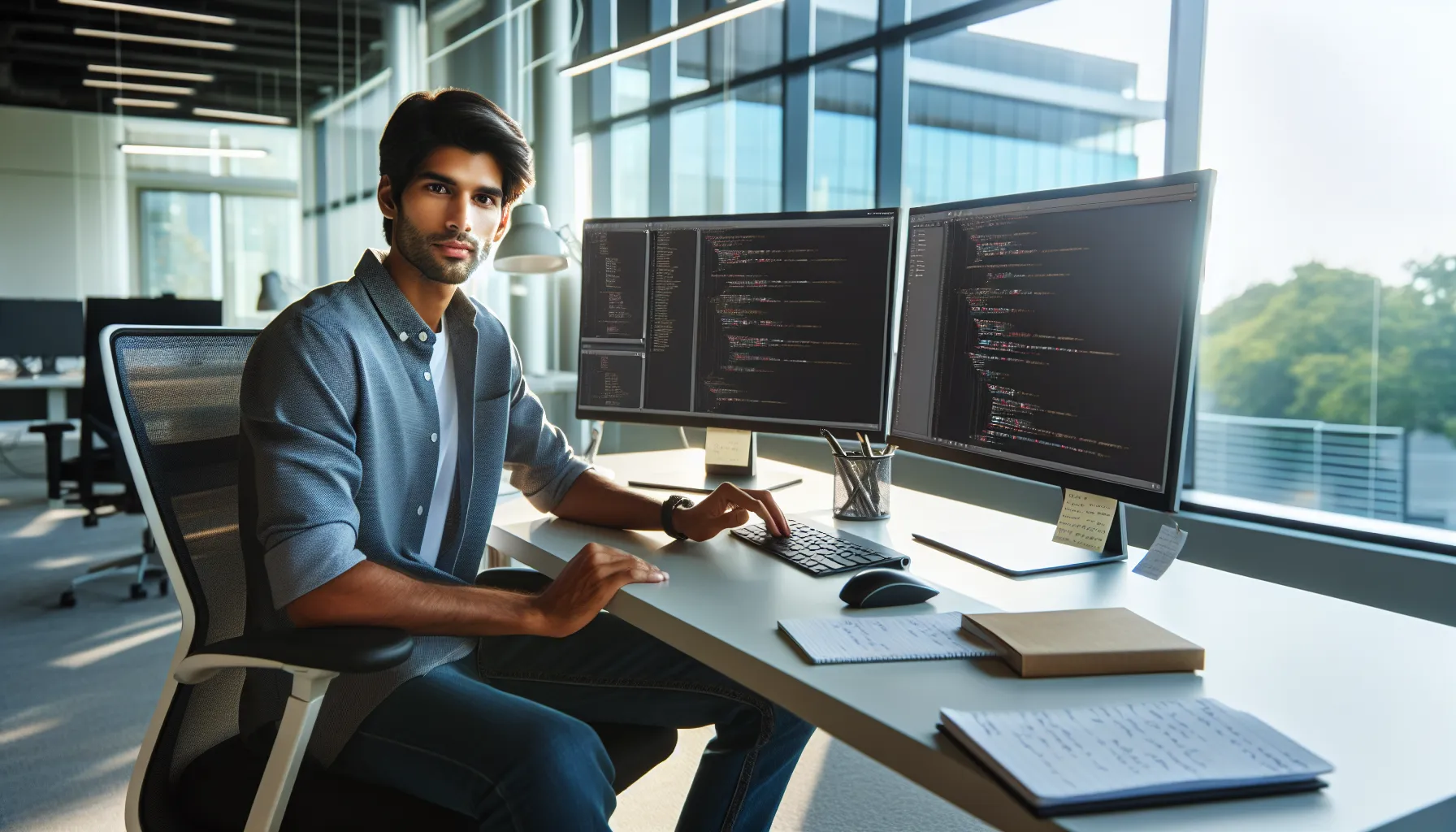 software engineer testing bug fixes in a modern office.