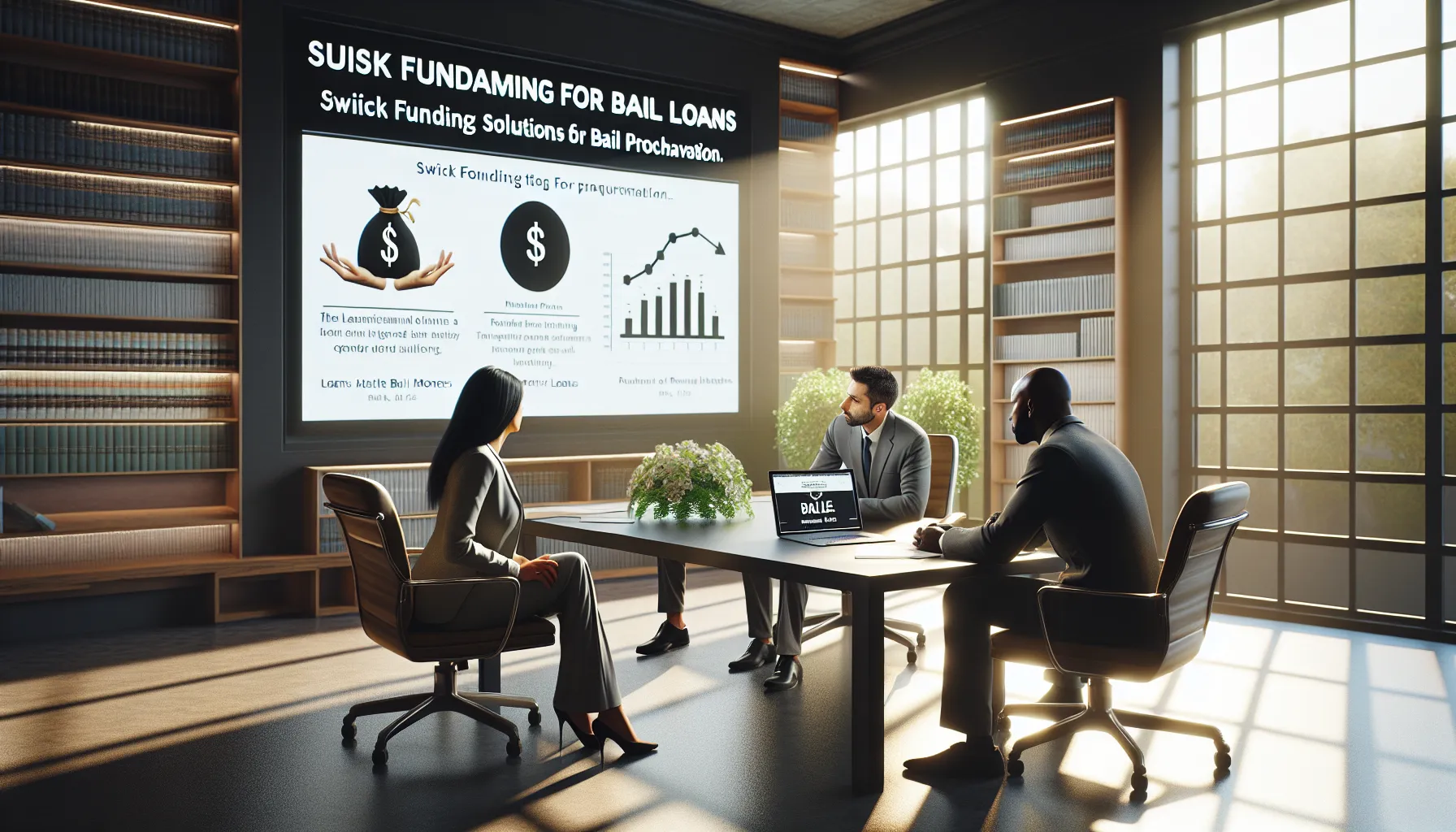 diverse team discussing bail money loans in an office setting.