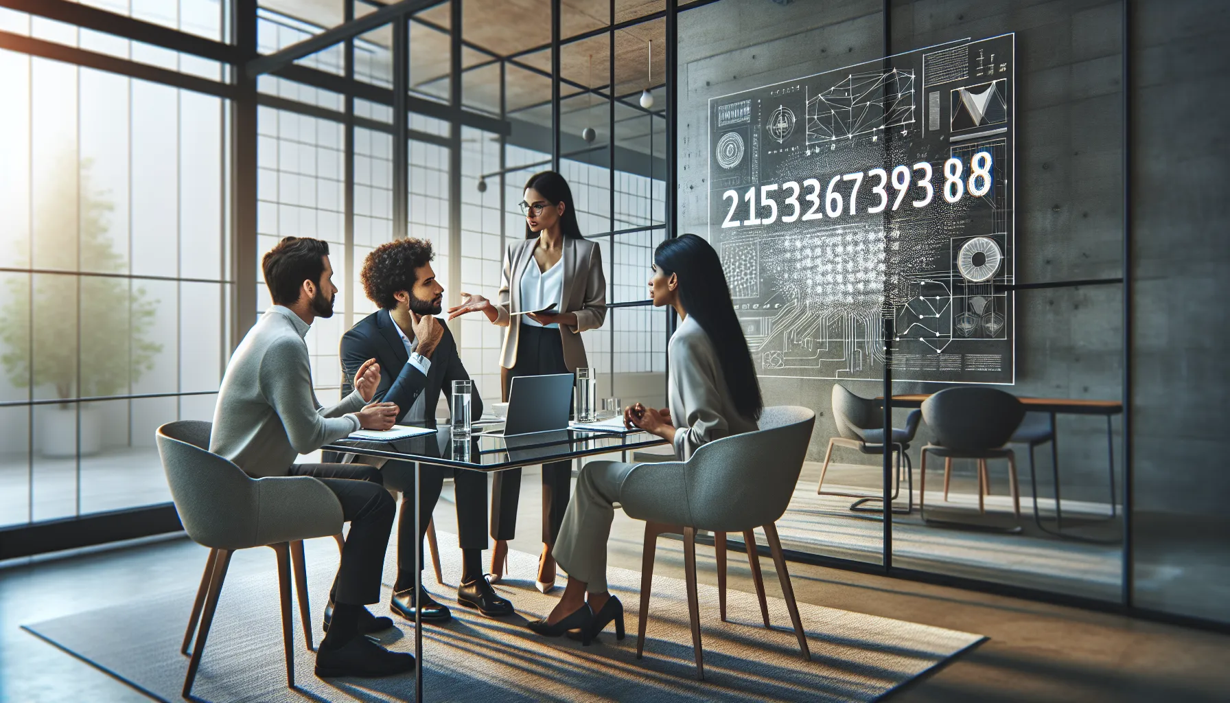 diverse team discussing significance of a number in a modern office.