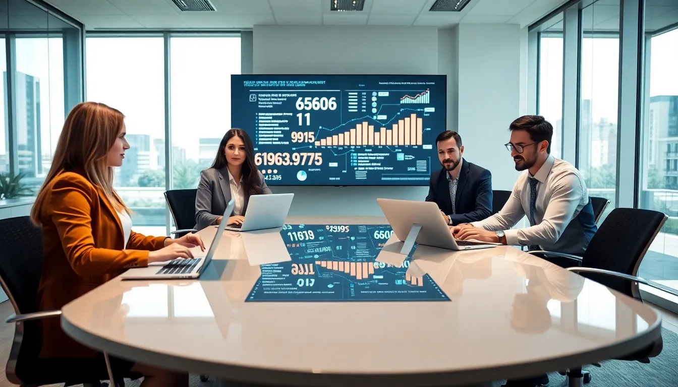 diverse team discussing data in a modern corporate office.