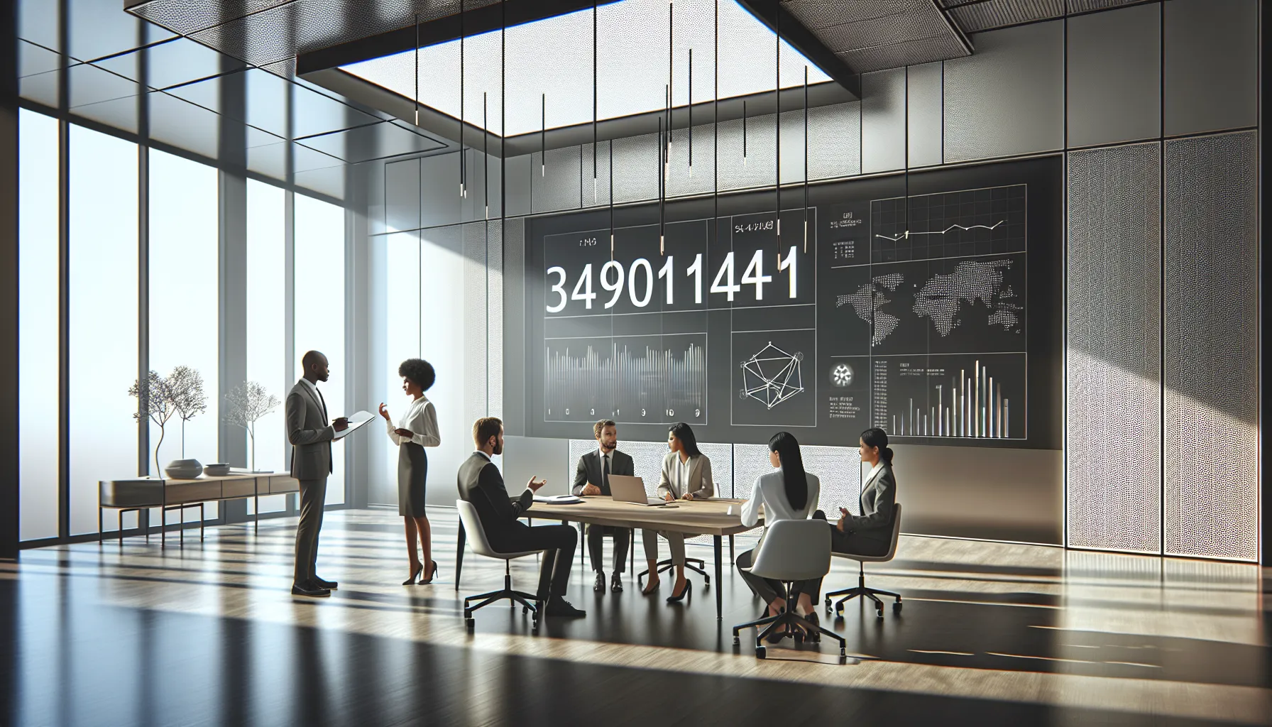 diverse professionals discussing data in a modern office.