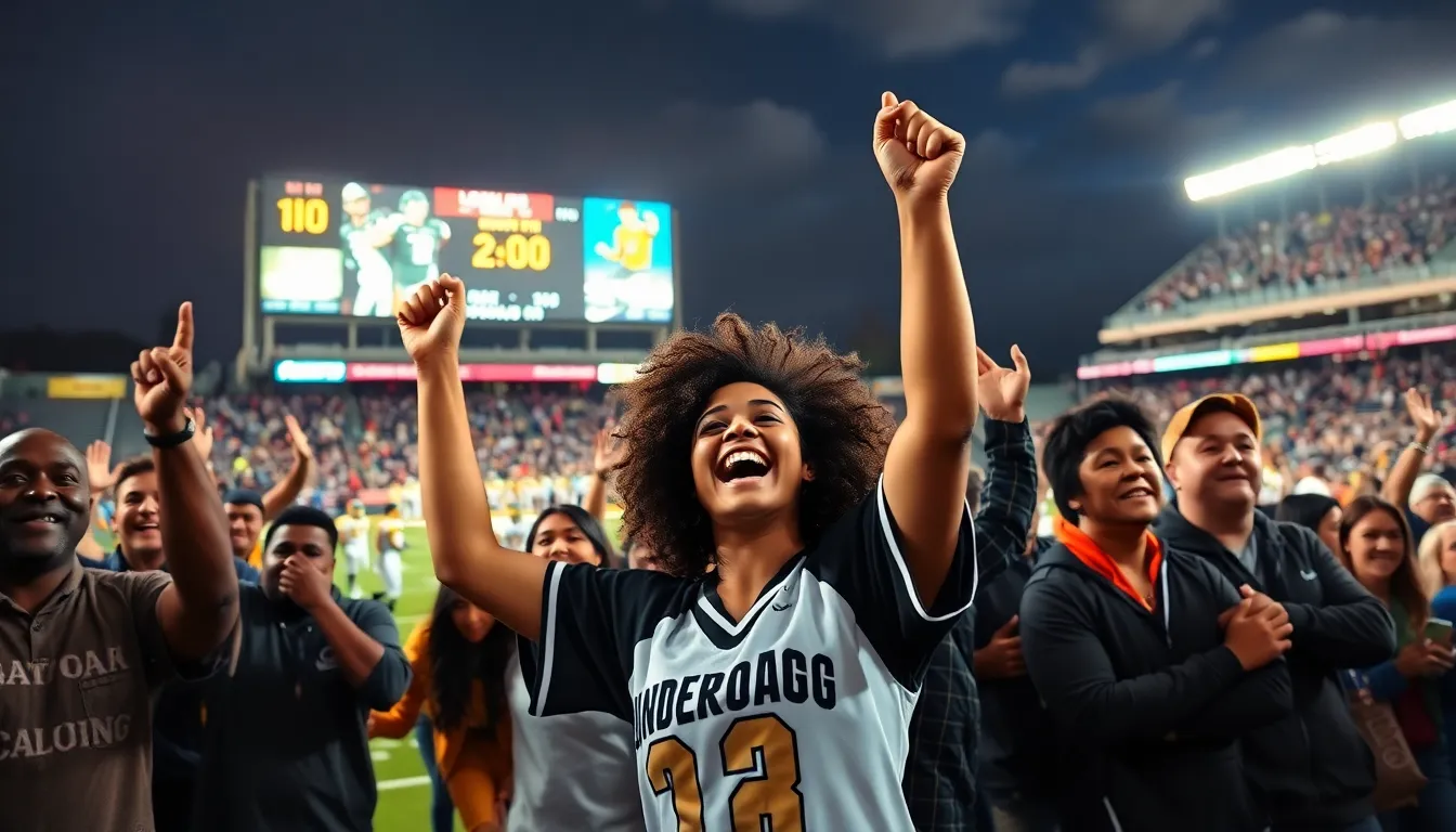 ecstatic fans celebrating an unexpected sports victory in a stadium.