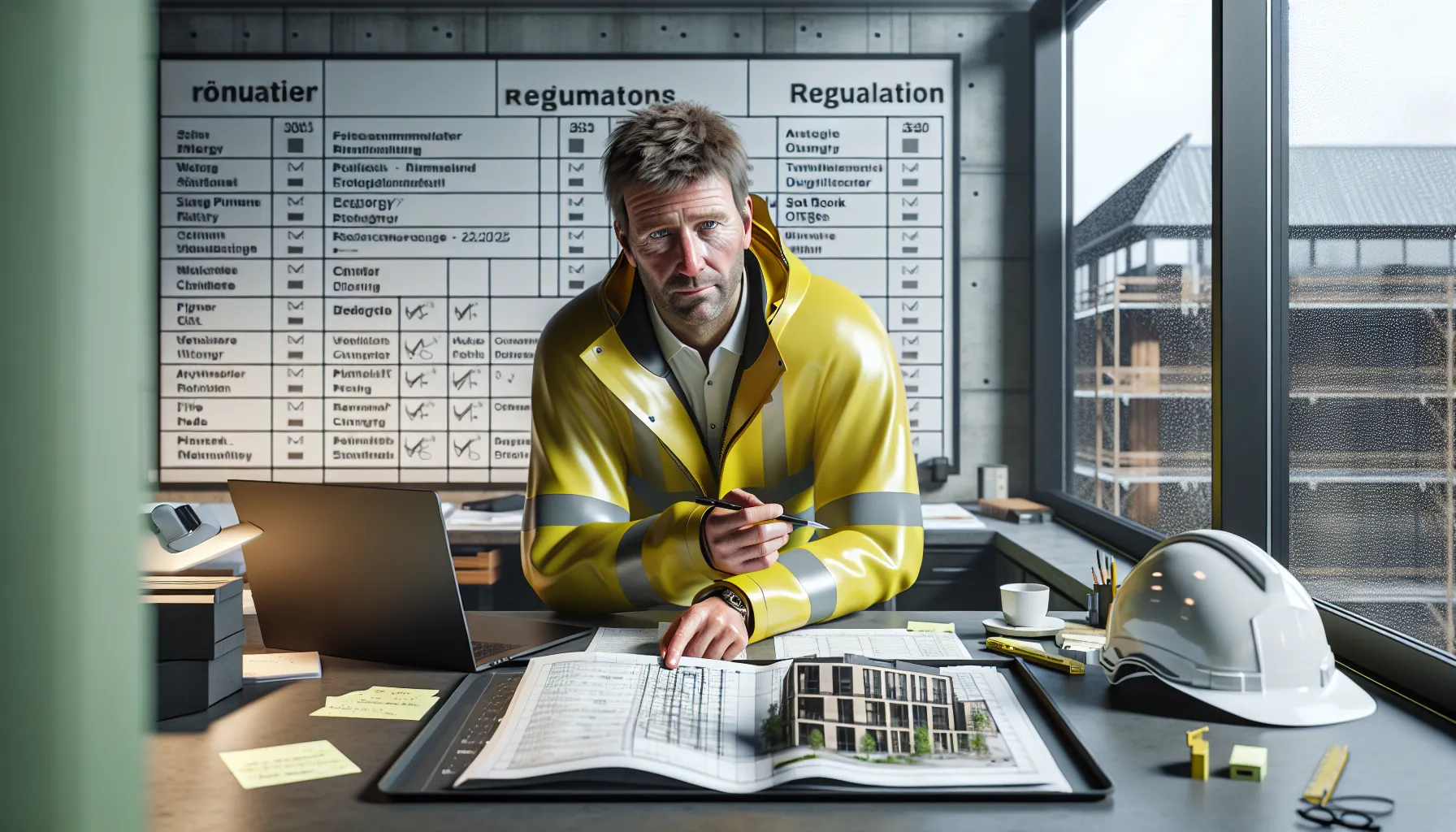 Norwegian site manager reviews bim model and requirements checklist in a site office.