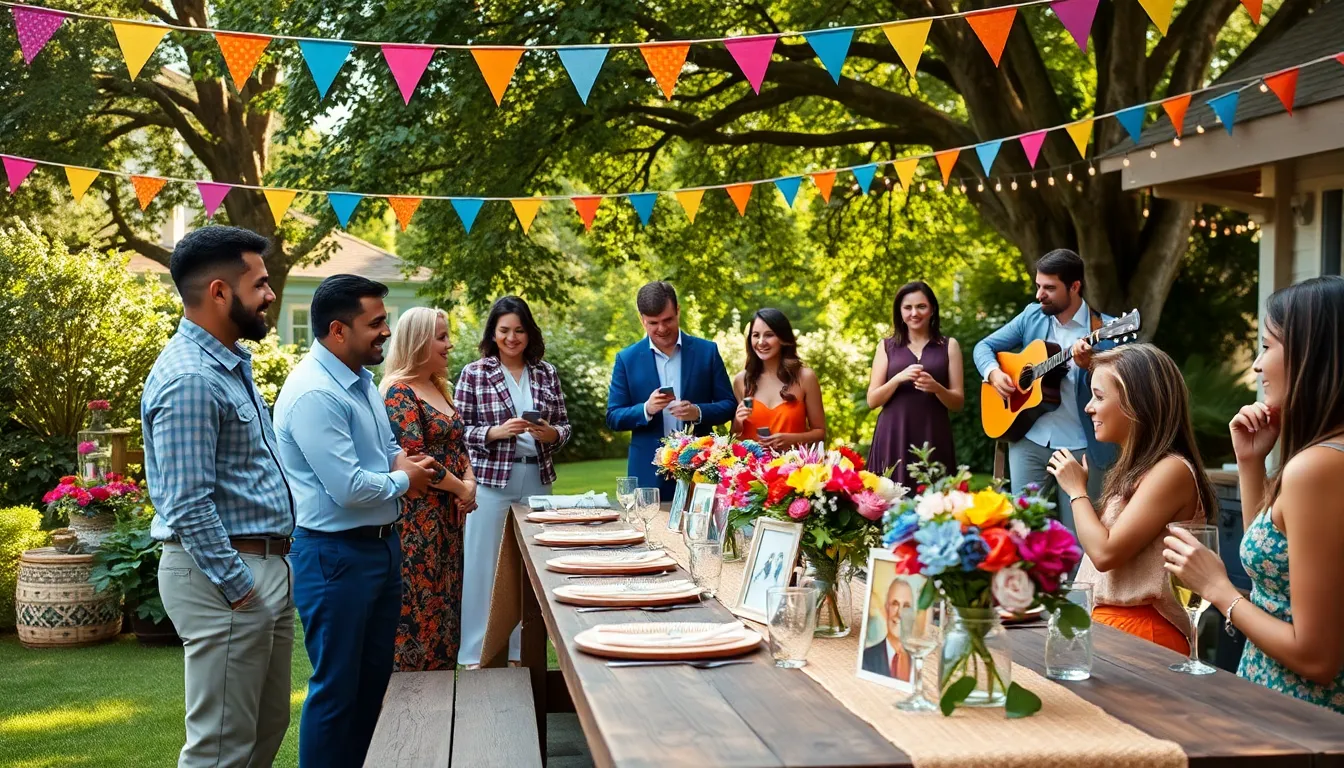 group enjoying a creative outdoor thrifty event with homemade decorations.