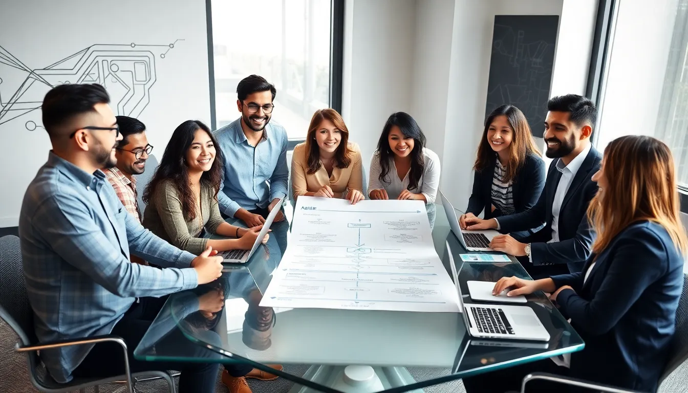 diverse professionals collaborating in a modern office setting.