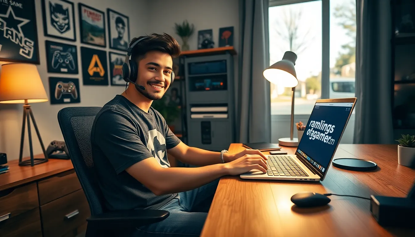 A gamer in a home office engaging with an online community.