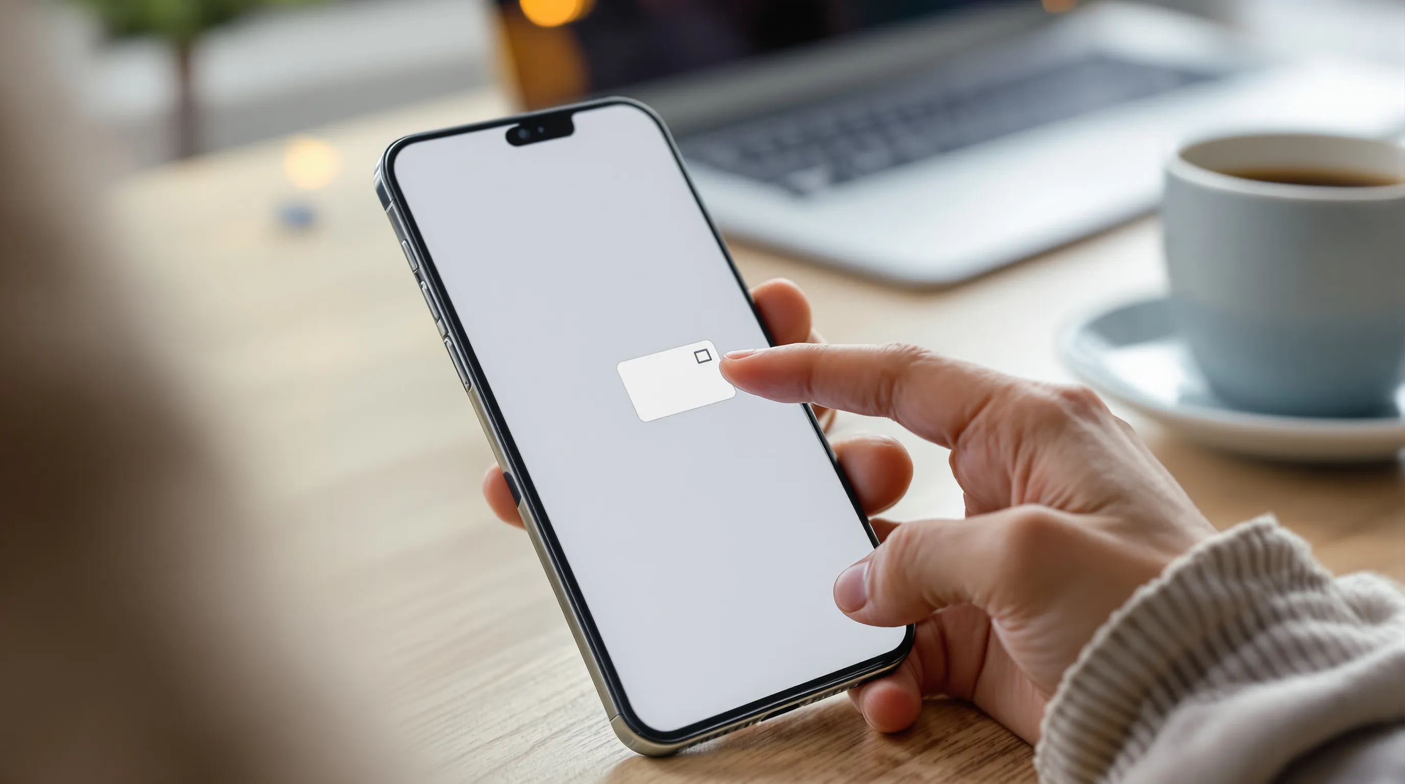 Hand tapping card icon in Revolut app on smartphone screen in workspace.