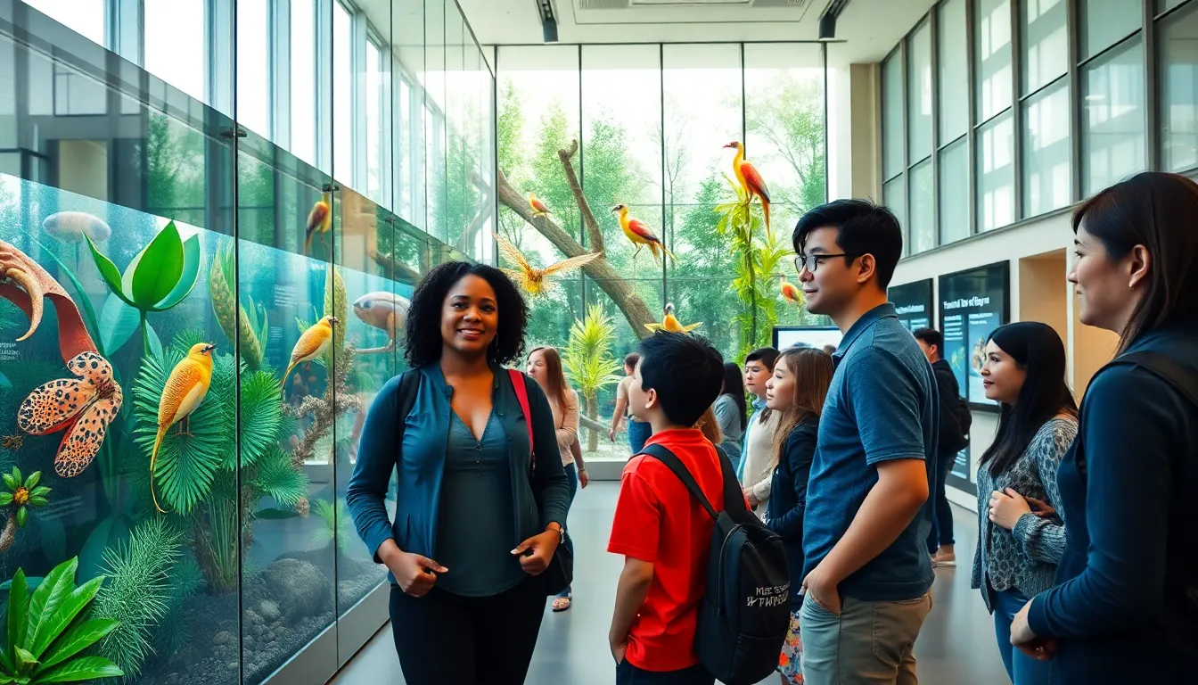 visitors engaging with biodiversity displays in a modern life science museum.