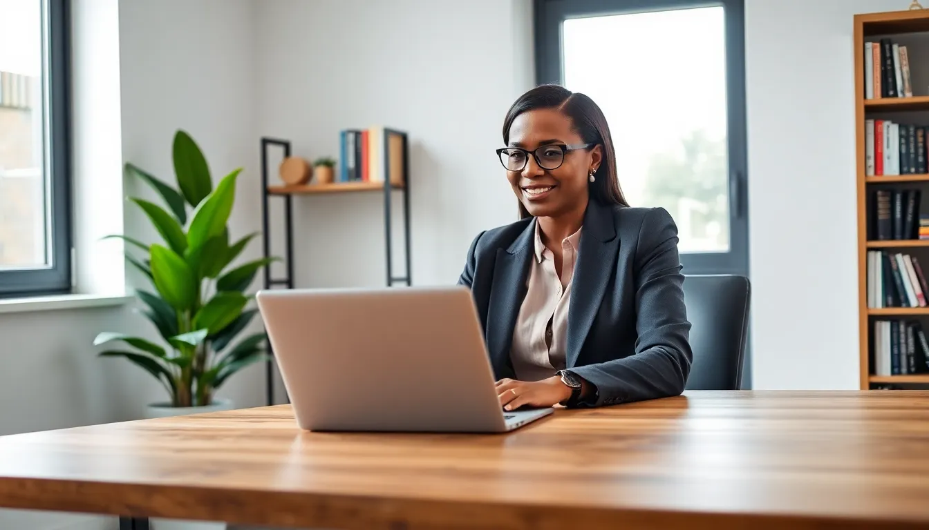 a woman using a laptop in a modern home office for real estate transactions.