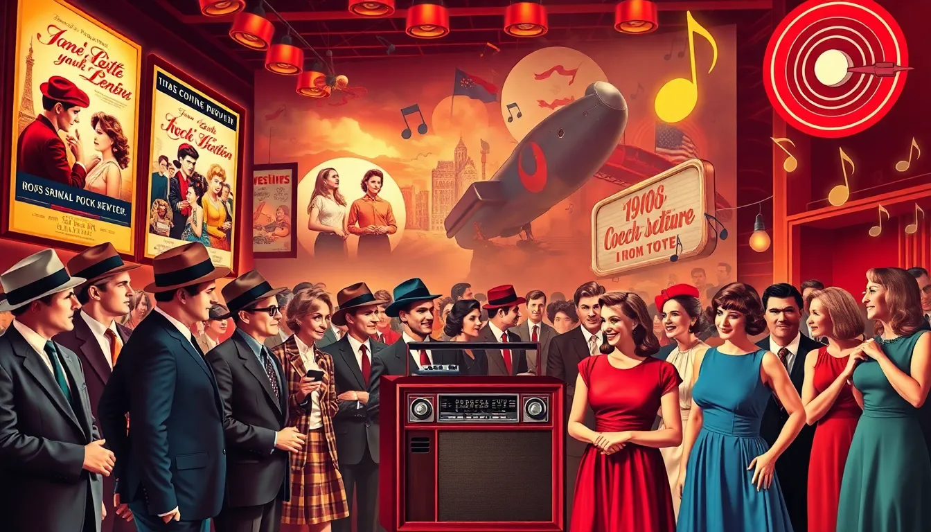 Collage of 1940s American pop culture with a movie theater and diverse individuals.
