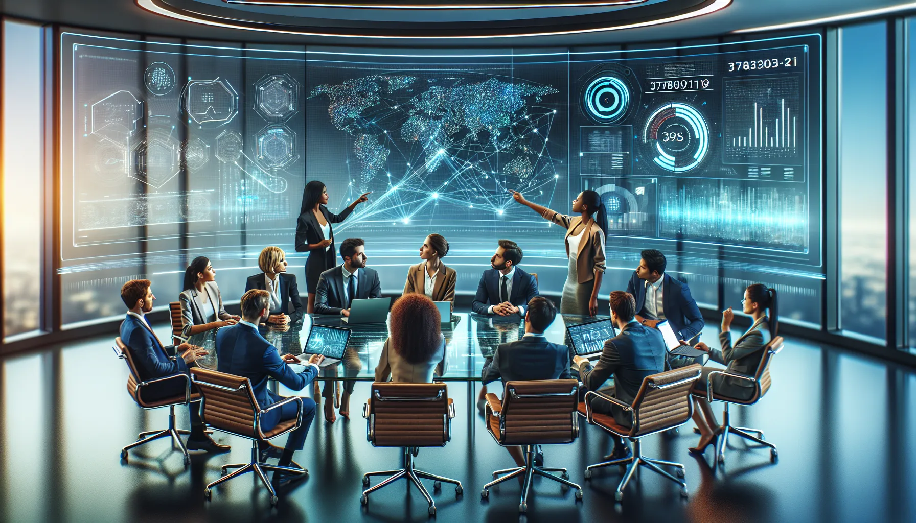 professionals discussing the significance of a key number in a modern office.