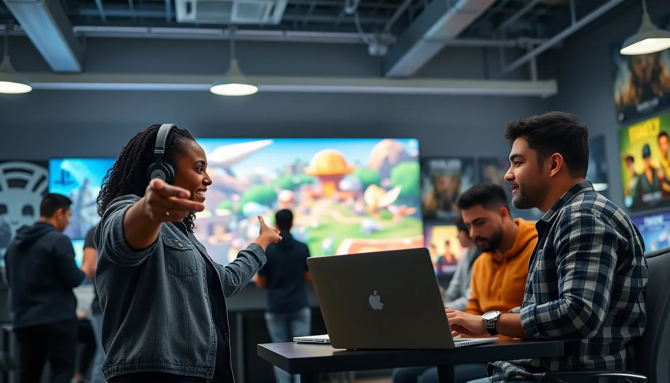 a diverse team of game developers brainstorming around a screen.