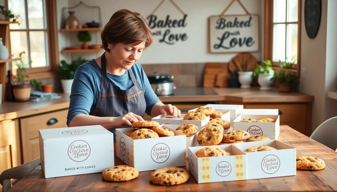 a baker arranging a variety of cookies on a wooden table in a warm kitchen.