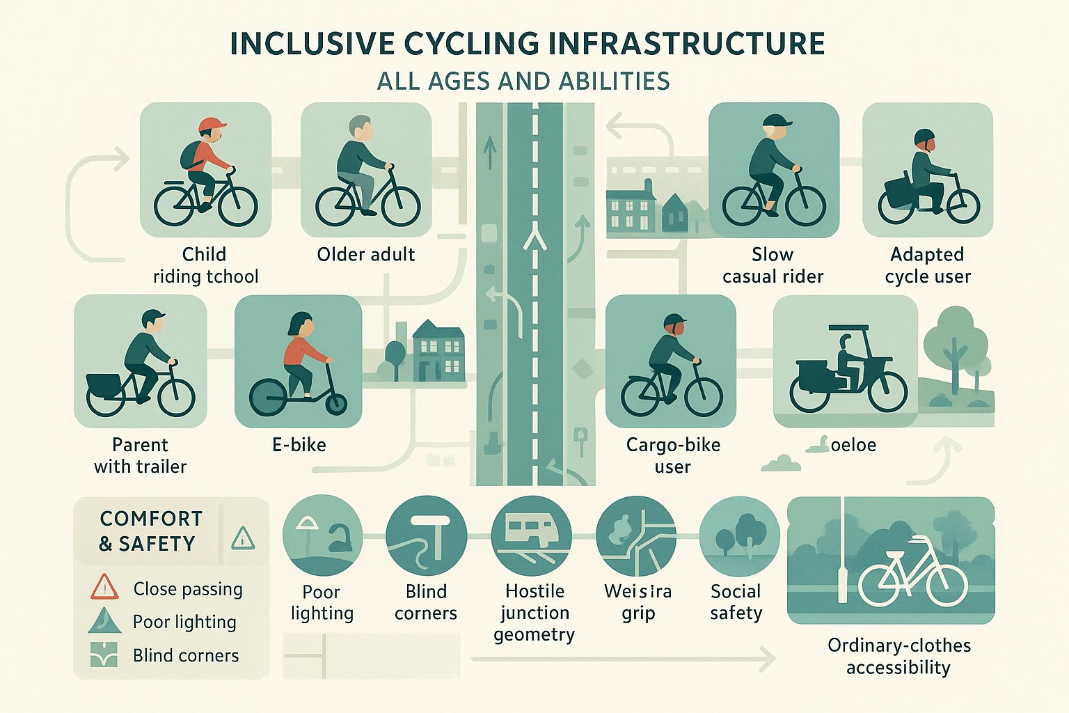 Inclusive cycling network infographic for different riders, trip types, comfort, and safety.