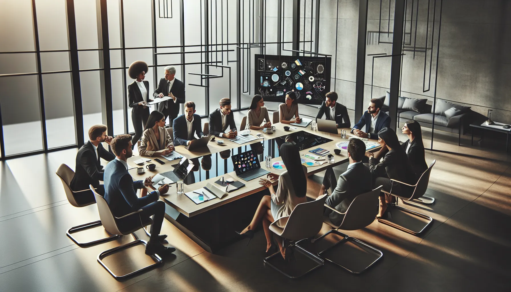 diverse team discussing benefits of Hollsangg in a modern office.