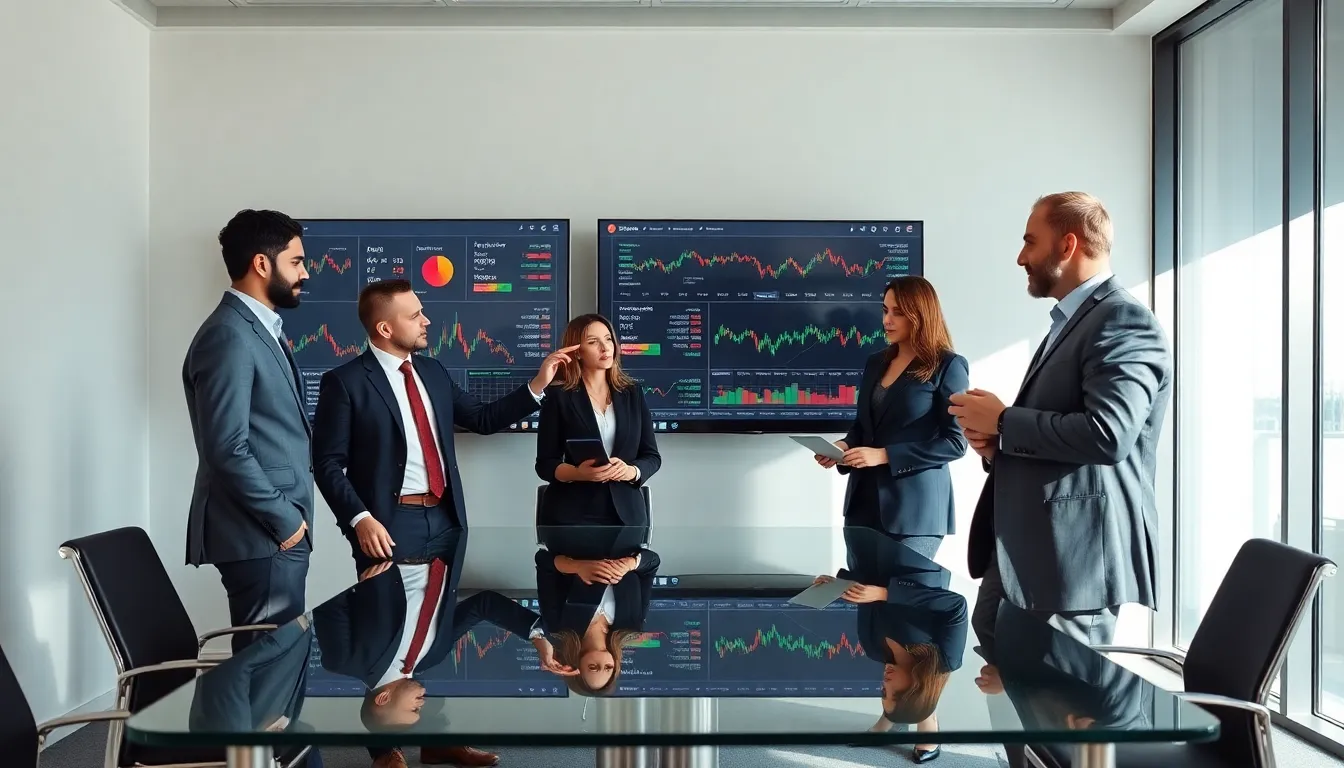 professionals collaborating on cryptocurrency trading in a modern office