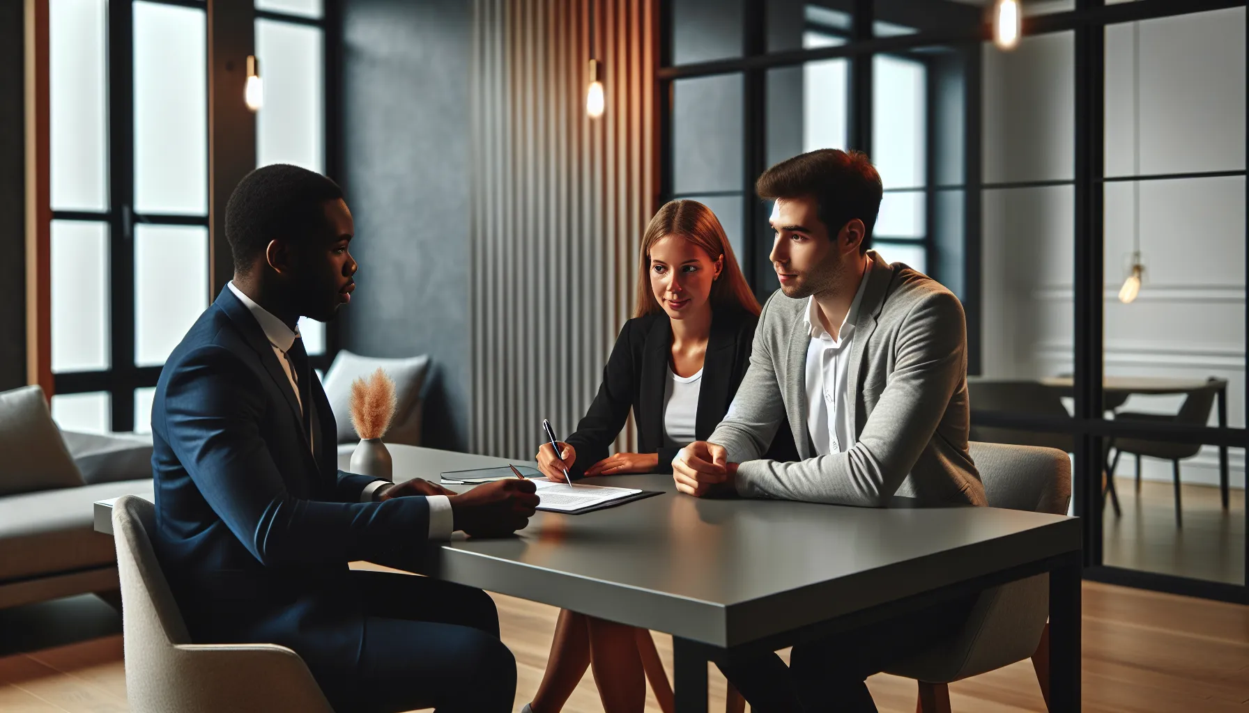A financial advisor meeting with clients in an office setting.