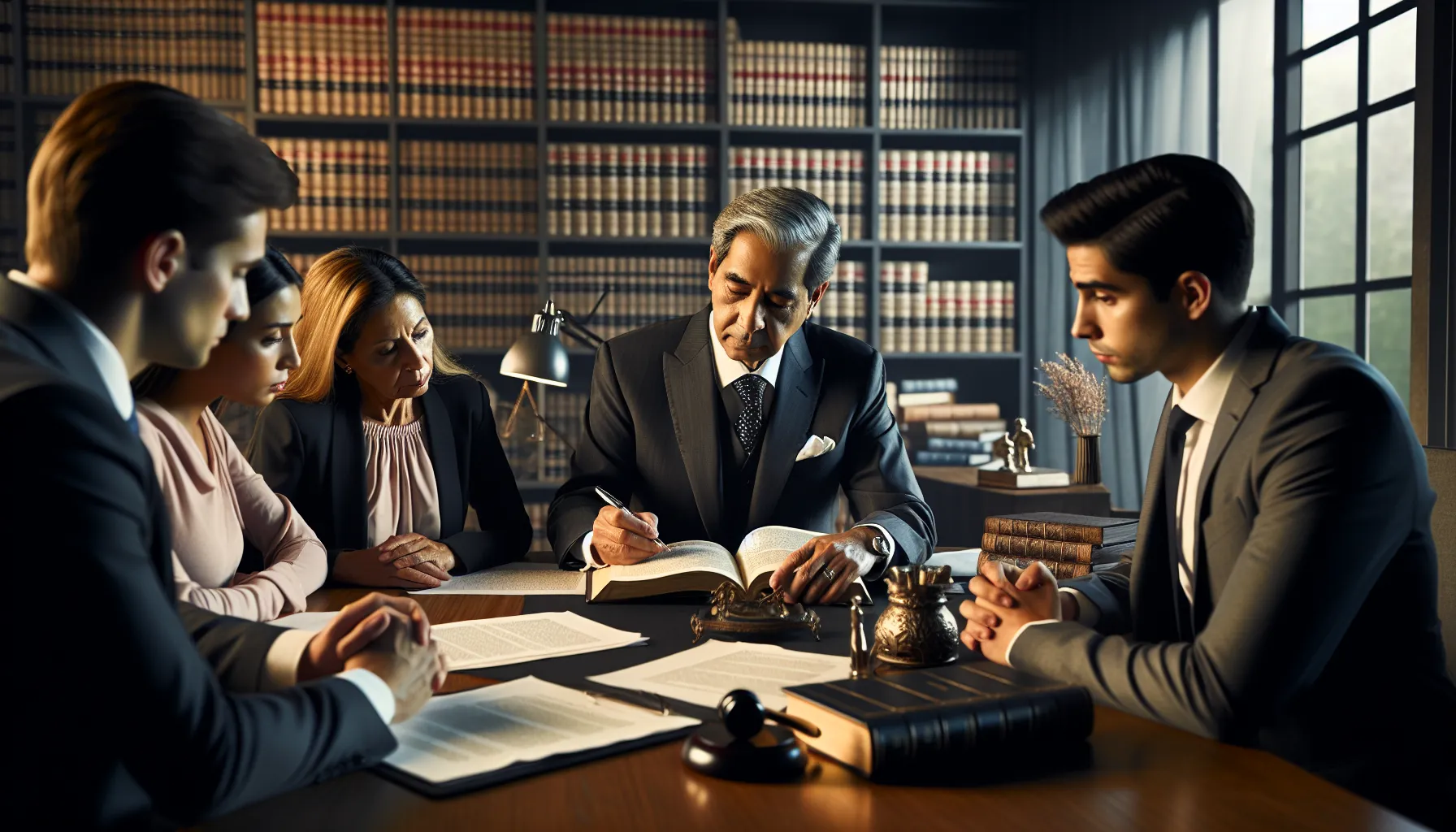 Croatian lawyer consulting with family members about will contestation in law office.