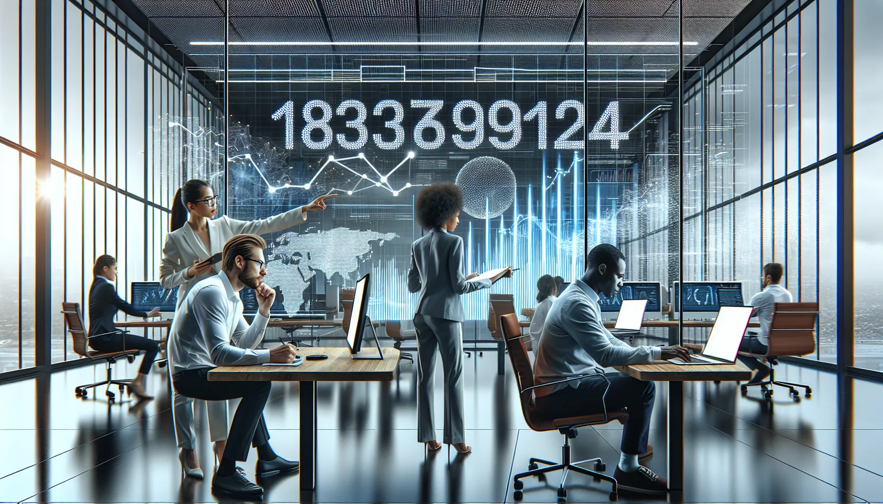 diverse professionals collaborating in a modern office, analyzing data.