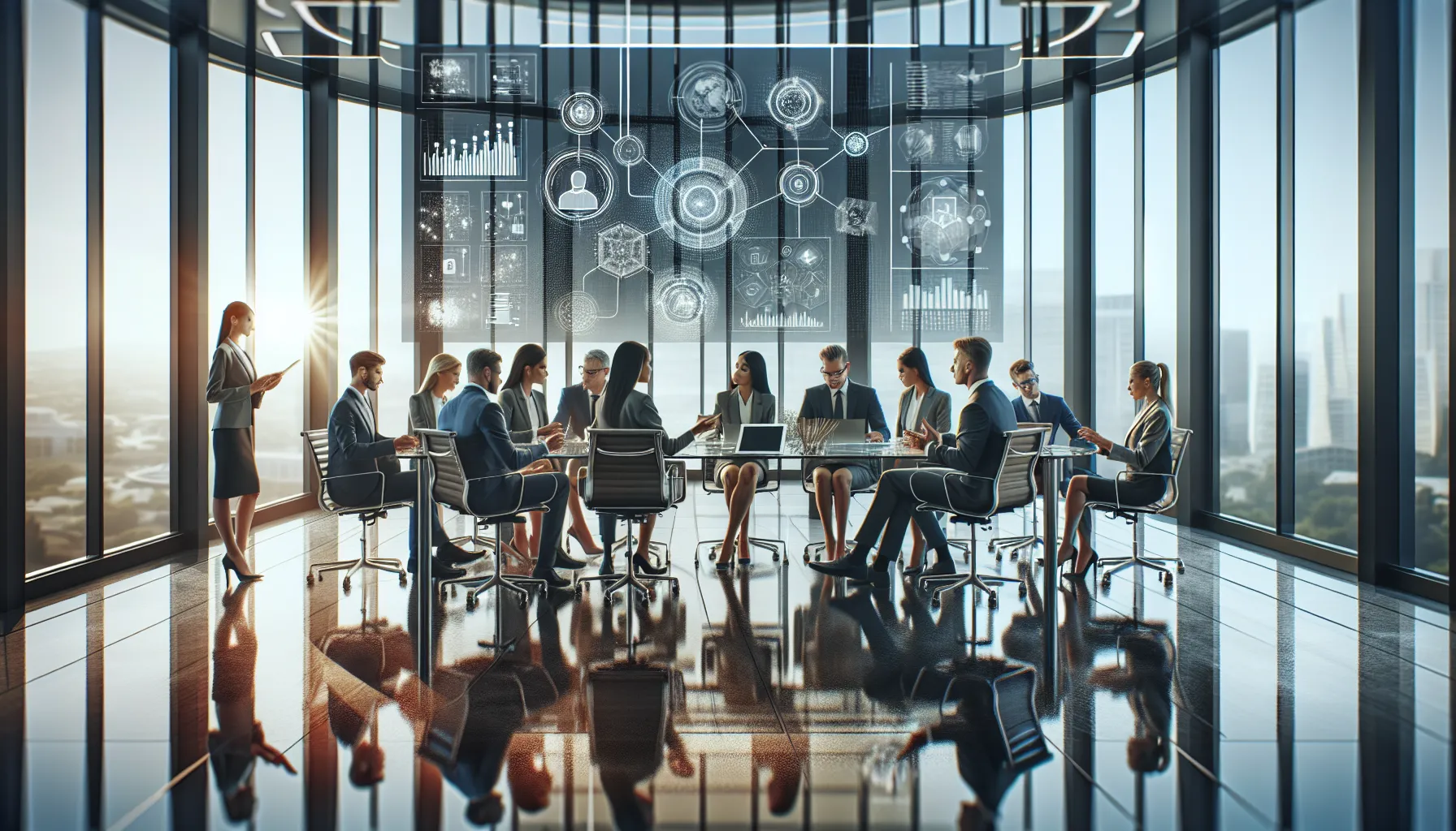diverse professionals collaborating over technology solutions in a modern office.