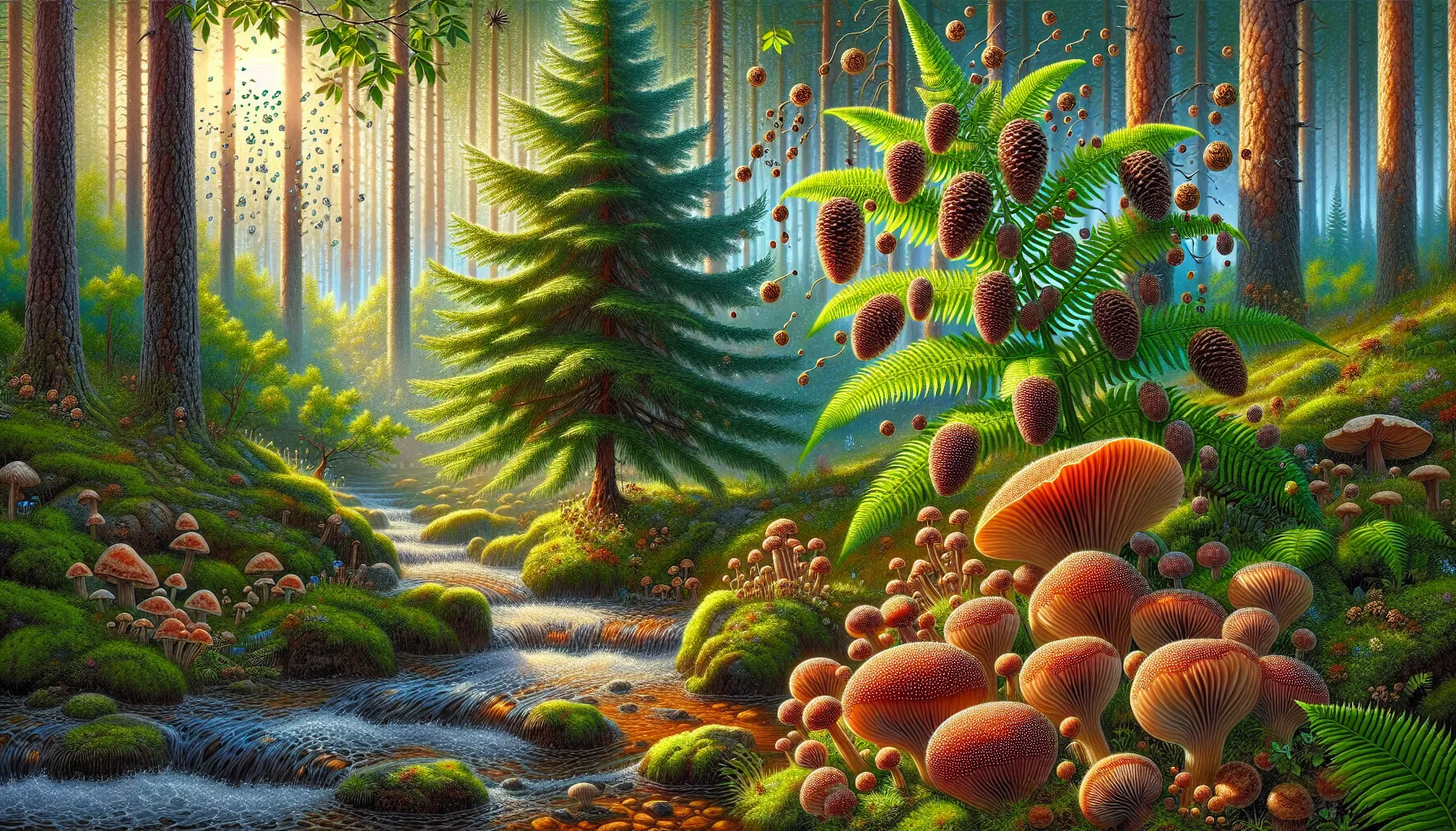 A pine tree, fern, and mushrooms in a forest clearing.