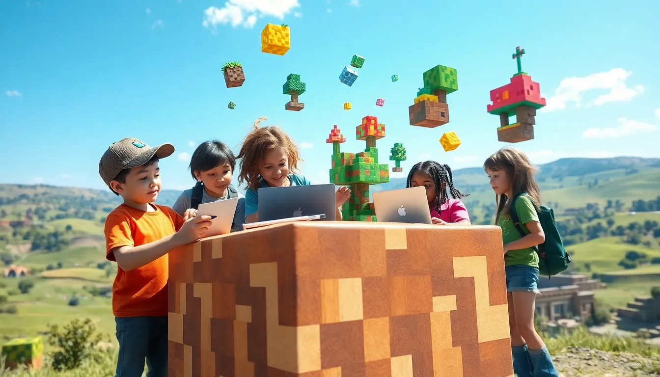 gamers collaborating around a large Minecraft block in a colorful landscape.