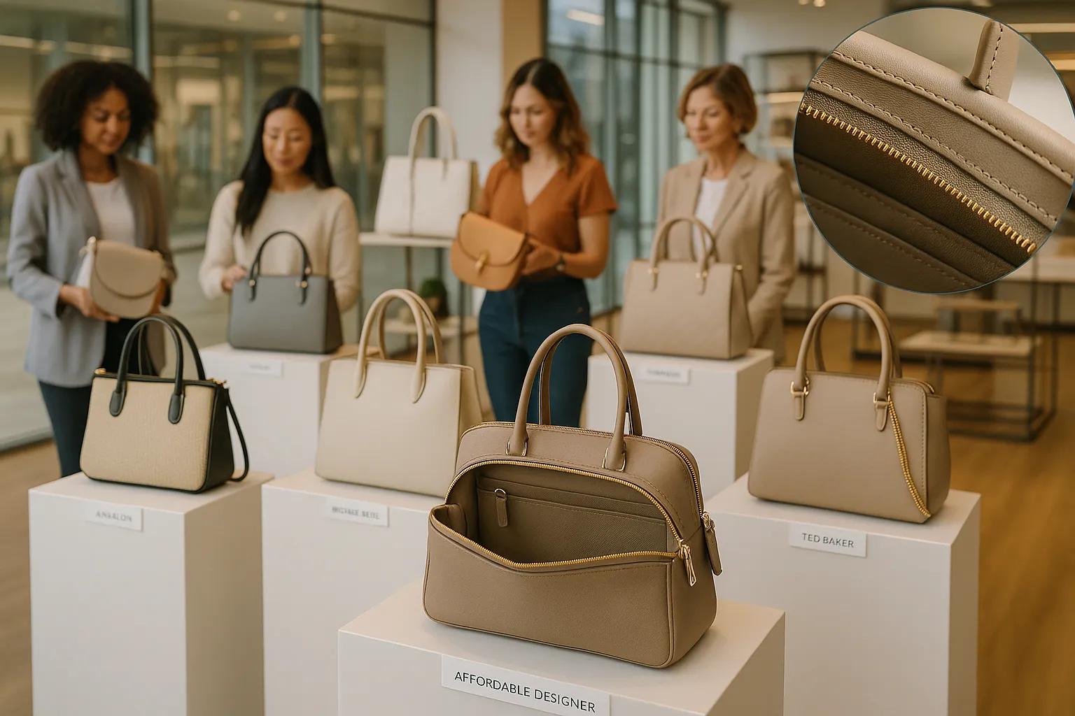 Designer handbags displayed in a modern upscale boutique.