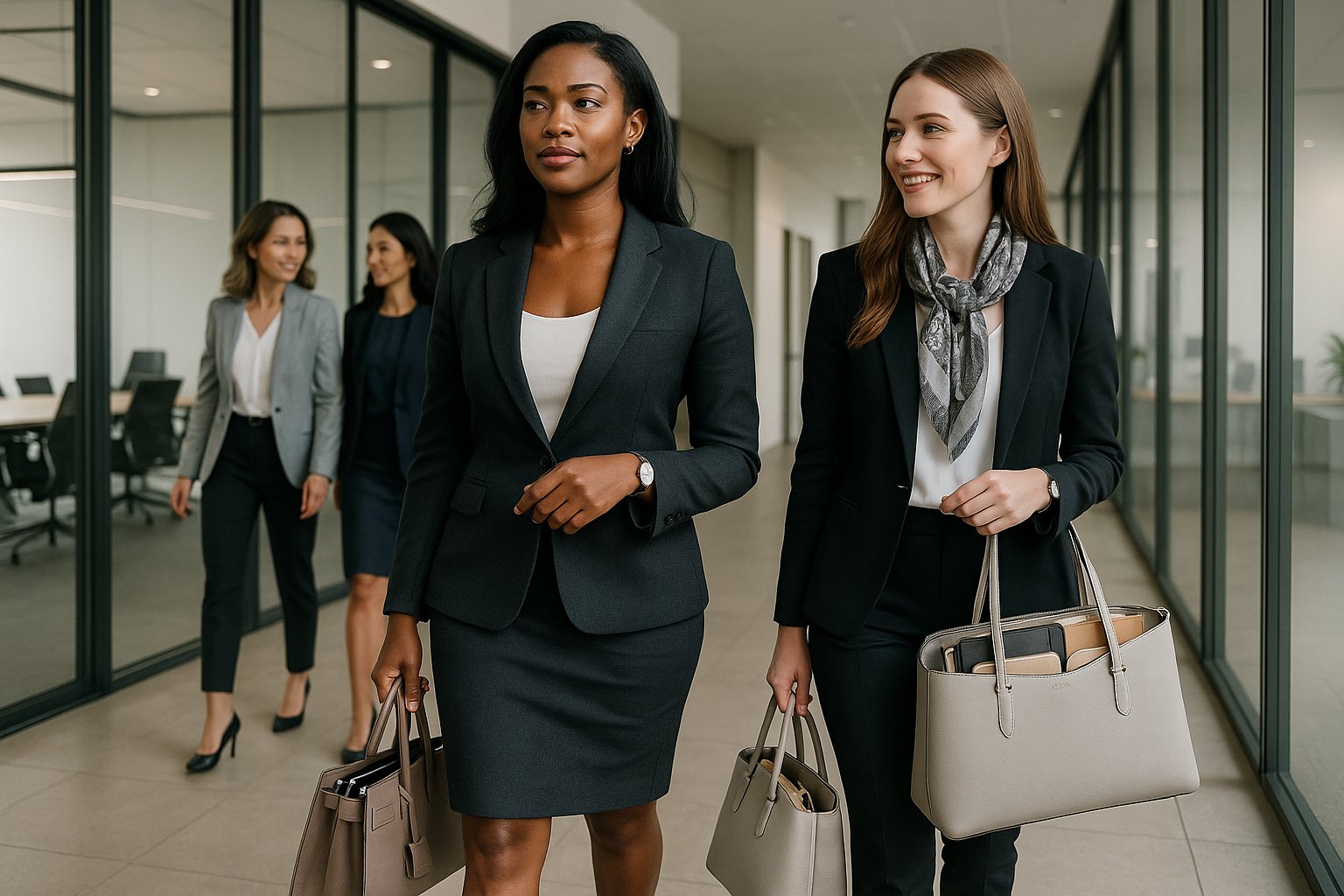 Professional women with structured handbags in a modern office.
