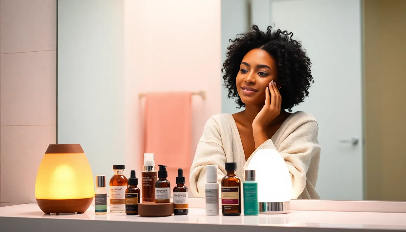 woman applying skincare in a calming nighttime setting.
